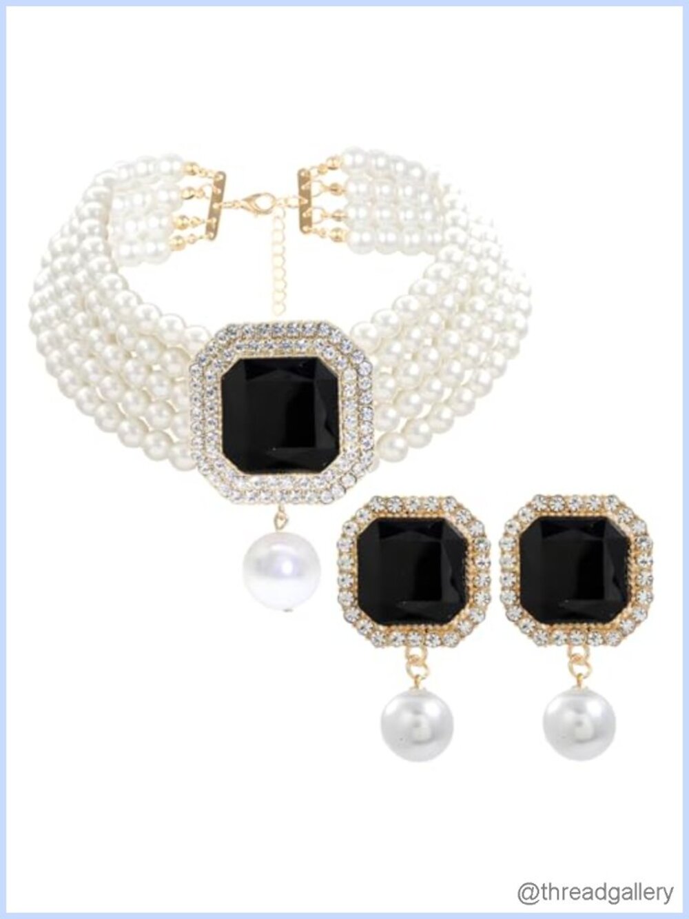 Chunky Layered Pearl Choker Necklace Crystal Rhinestone Earrings Set